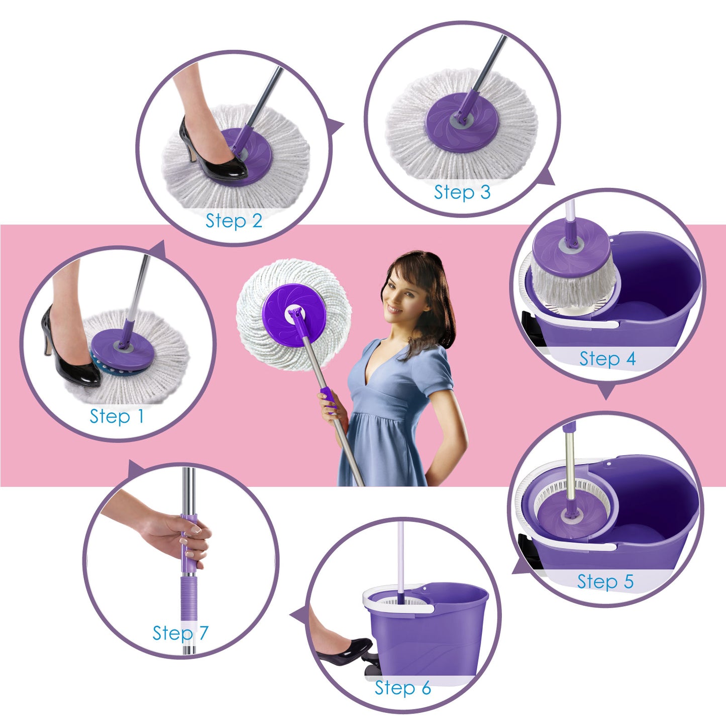 White Magic Foot Press Spin Mop Set (with 2 microfiber mop heads and mop handle) / Footpress Mop / Made in Taiwan / Red Dot Design Award / 1 Year Bucket Warranty / IPSo2o