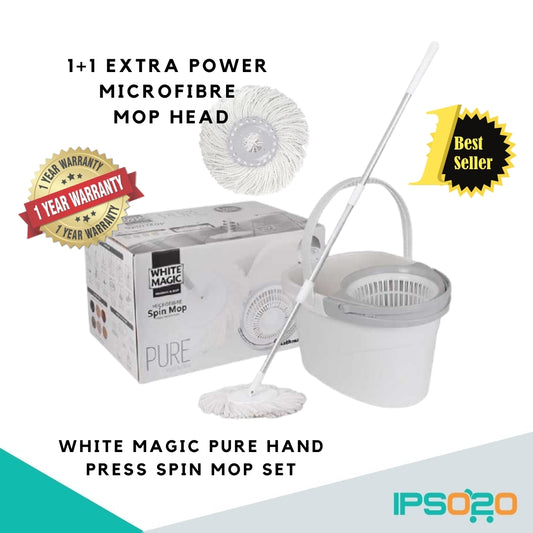 White Magic Pure Spin Mop Set (with 2 microfiber mop heads) / Handpress Mop / Made in Taiwan / Red Dot Design Award / Trolley Bundle (add-on available) / 1 Year Bucket Warranty