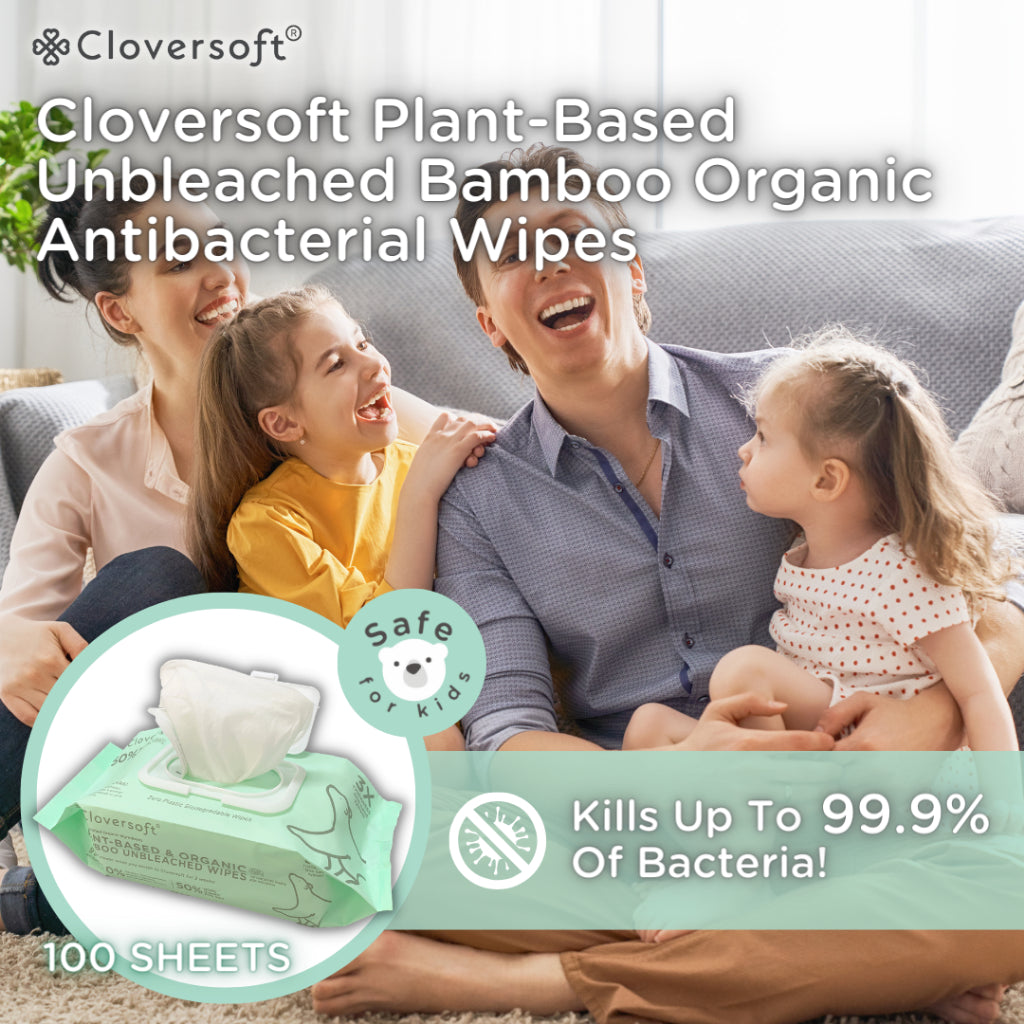 CLOVERSOFT Plant-Based Unbleached Bamboo 99.9% Antibacterial Organic Wet Wipes 100 Sheets