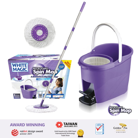 White Magic Foot Press Spin Mop Set (with 2 microfiber mop heads and mop handle) / Footpress Mop / Made in Taiwan / Red Dot Design Award / 1 Year Bucket Warranty / IPSo2o