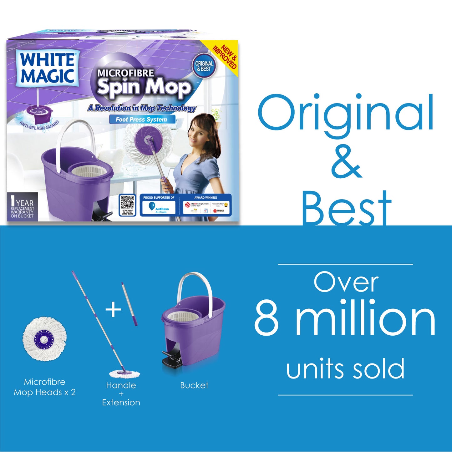 White Magic Foot Press Spin Mop Set (with 2 microfiber mop heads and mop handle) / Footpress Mop / Made in Taiwan / Red Dot Design Award / 1 Year Bucket Warranty / IPSo2o