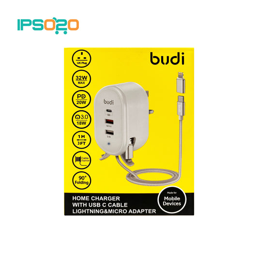 BUDI Home Charger with USB-C Cable Lightning & Micro Adapter