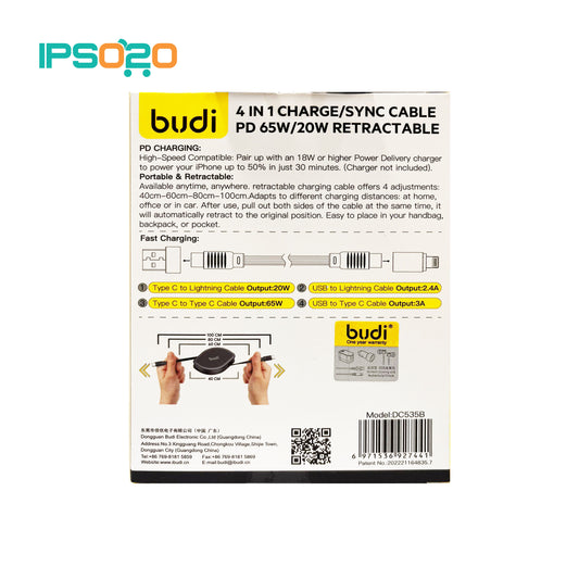 BUDI 4-in-1 Charge / Sync Cable PD 65W / 20W Retractable