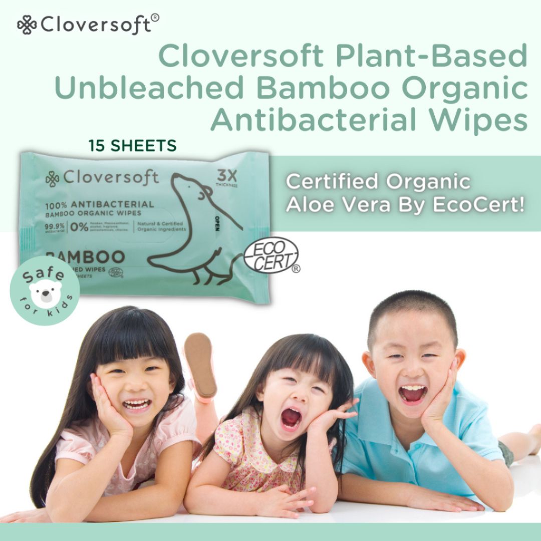 CLOVERSOFT Plant-Based Unbleached Bamboo 99.9% Antibacterial Organic Wet Wipes 15 Sheets