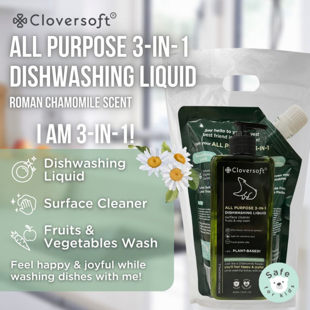 CLOVERSOFT 3 In 1 Dishwashing Liquid Bundle Roman Chamomile 500ml + FREE 500ml Refill