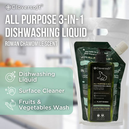 CLOVERSOFT 3 In 1 Dishwashing Liquid Bundle Roman Chamomile 500ml + FREE 500ml Refill