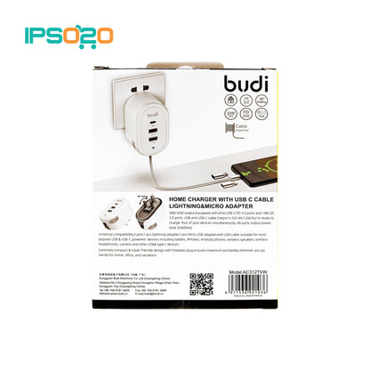 BUDI Home Charger with USB-C Cable Lightning & Micro Adapter