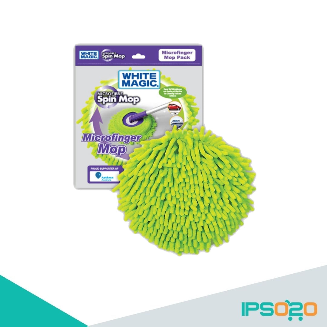 White Magic Spin Mop Microfinger Mop Head [ Soft yet aggressive Perfect for washing car , boats , caravans and windows , Will not scratch Machine Washable 20cm in Diameter , Chemical free cleaning , dusting mop ]