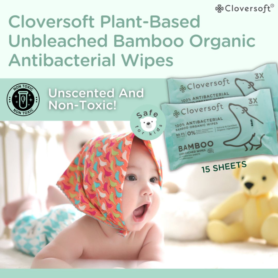 CLOVERSOFT Plant-Based Unbleached Bamboo 99.9% Antibacterial Organic Wet Wipes 15 Sheets