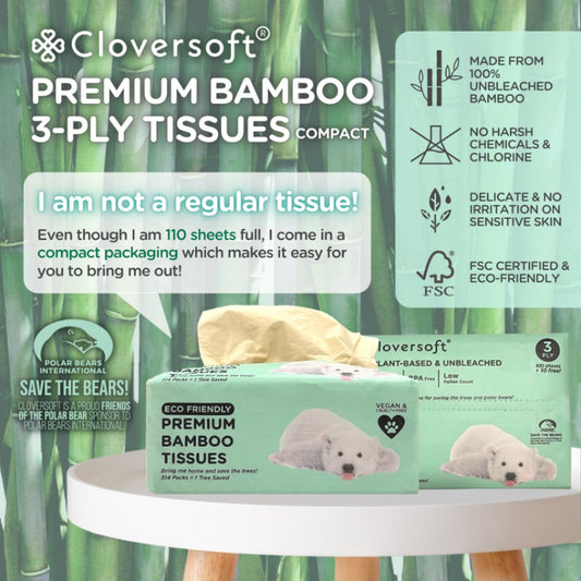 CLOVERSOFT Compact Unbleached Bamboo Premium Facial Tissues 3 Ply
