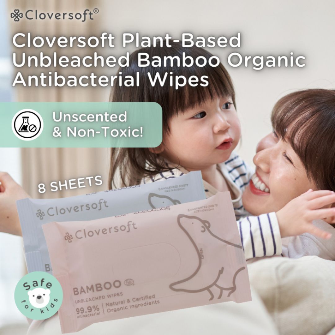 CLOVERSOFT Plant-Based Unbleached Bamboo 99.9% Antibacterial Organic Wet Wipes 8 Sheets
