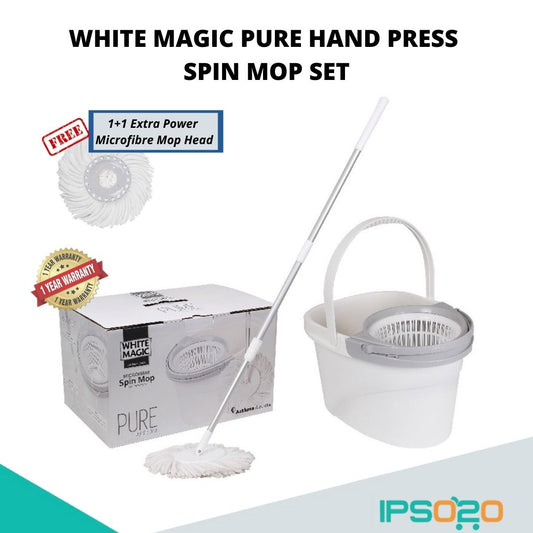 White Magic Pure Spin Mop Set (with 2 microfiber mop heads) / Handpress Mop / Made in Taiwan / Red Dot Design Award / Trolley Bundle (add-on available) / 1 Year Bucket Warranty