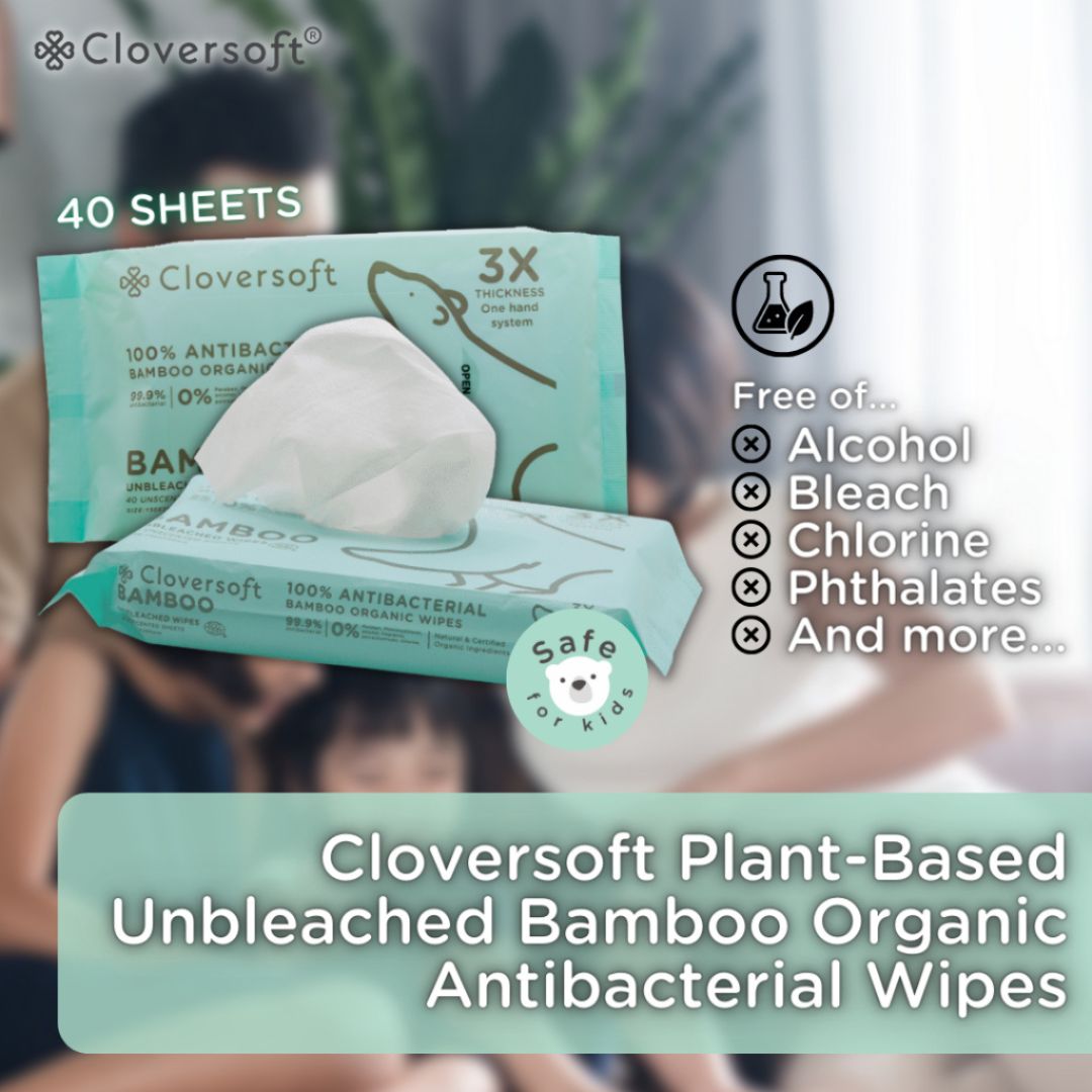 CLOVERSOFT Plant-Based Unbleached Bamboo 99.9% Antibacterial Organic Wet Wipes 40 Sheets