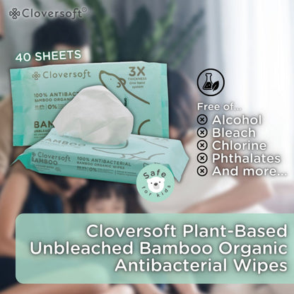 CLOVERSOFT Plant-Based Unbleached Bamboo 99.9% Antibacterial Organic Wet Wipes 40 Sheets