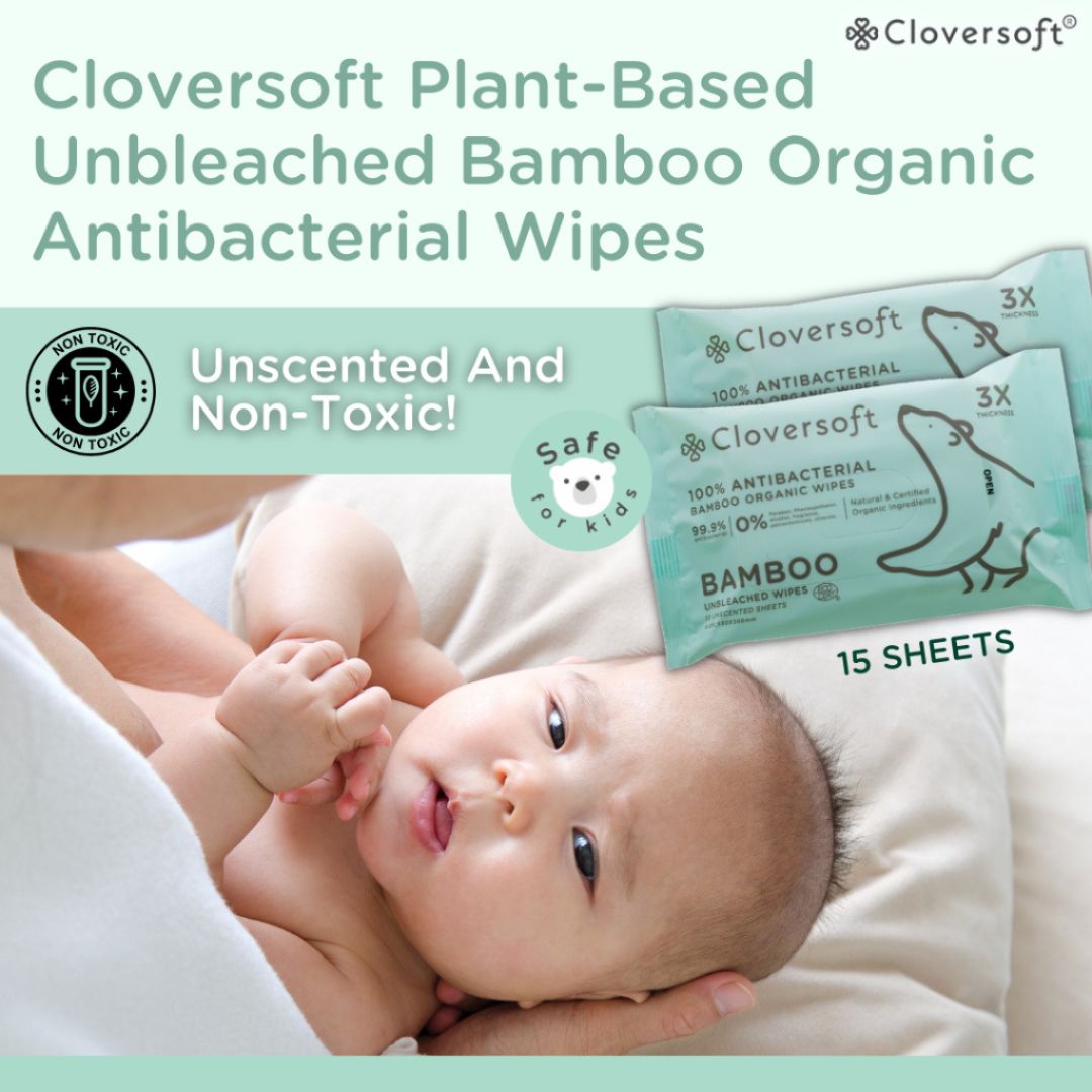 CLOVERSOFT Plant-Based Unbleached Bamboo 99.9% Antibacterial Organic Wet Wipes 15 Sheets