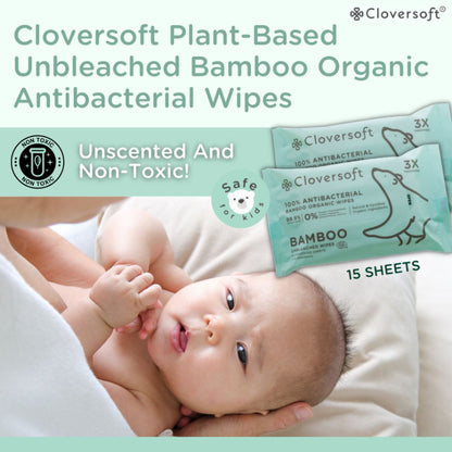 CLOVERSOFT Plant-Based Unbleached Bamboo 99.9% Antibacterial Organic Wet Wipes 15 Sheets