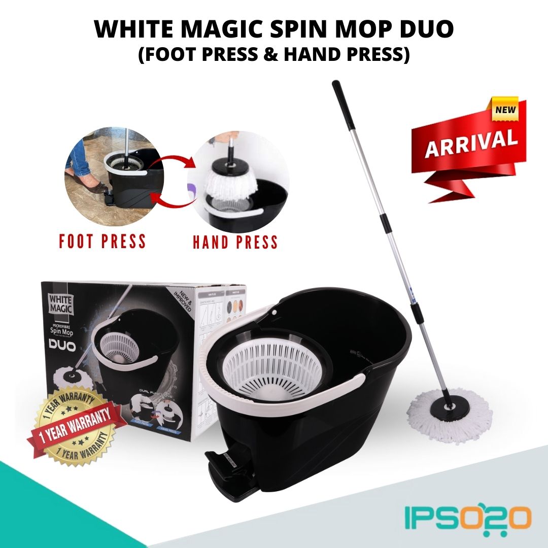 [New Model] White Magic Spin Mop DUO (Dual Function) Foot Press + Hand Press / Microfibre Mop Head / 1 Year Bucket Warranty