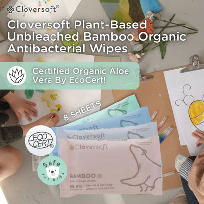 CLOVERSOFT Plant-Based Unbleached Bamboo 99.9% Antibacterial Organic Wet Wipes 8 Sheets