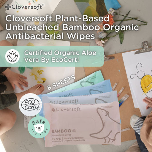 CLOVERSOFT Plant-Based Unbleached Bamboo 99.9% Antibacterial Organic Wet Wipes 8 Sheets