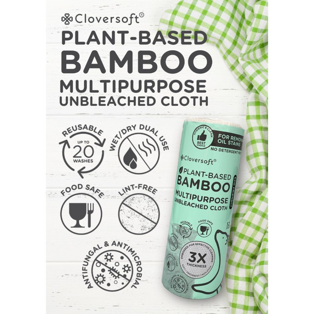 CLOVERSOFT Unbleached Bamboo Multi-Purpose Kitchen Towels 52 Sheets