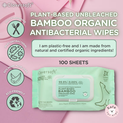 CLOVERSOFT Plant-Based Unbleached Bamboo 99.9% Antibacterial Organic Wet Wipes 100 Sheets