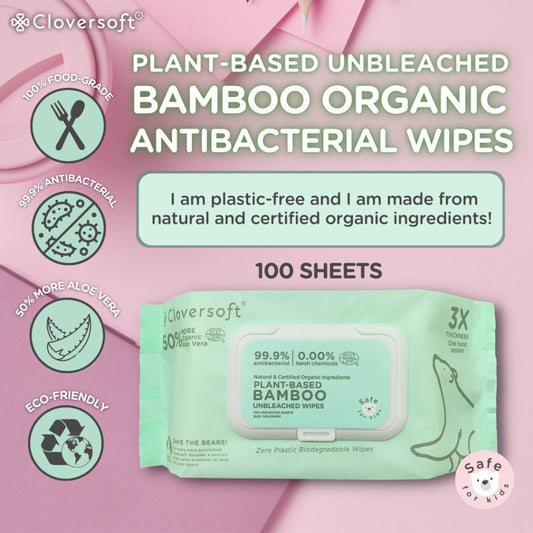 CLOVERSOFT Plant-Based Unbleached Bamboo 99.9% Antibacterial Organic Wet Wipes 100 Sheets