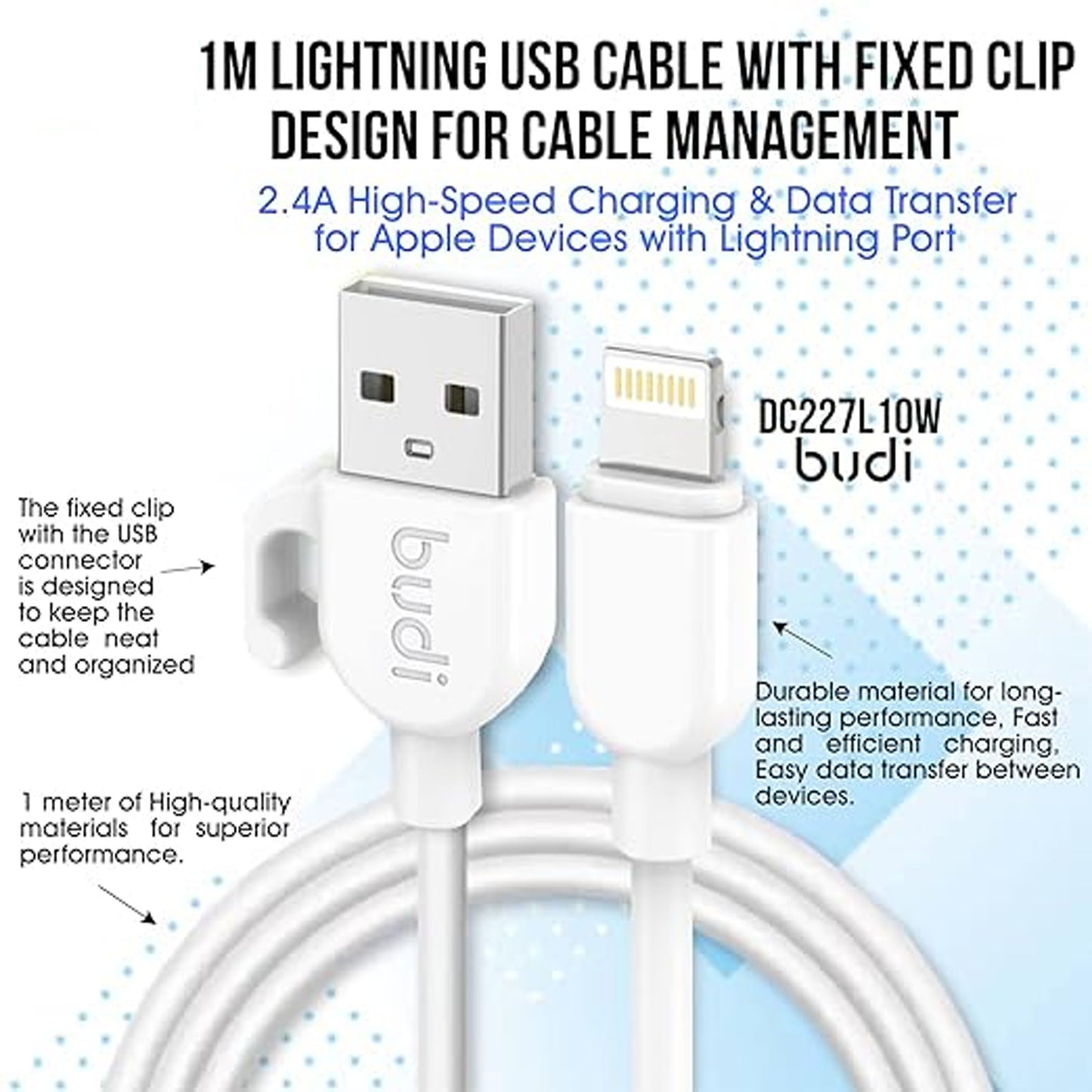 BUDI Charge/Sync Cable with Clip (1M)