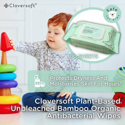 CLOVERSOFT Plant-Based Unbleached Bamboo 99.9% Antibacterial Organic Wet Wipes 100 Sheets