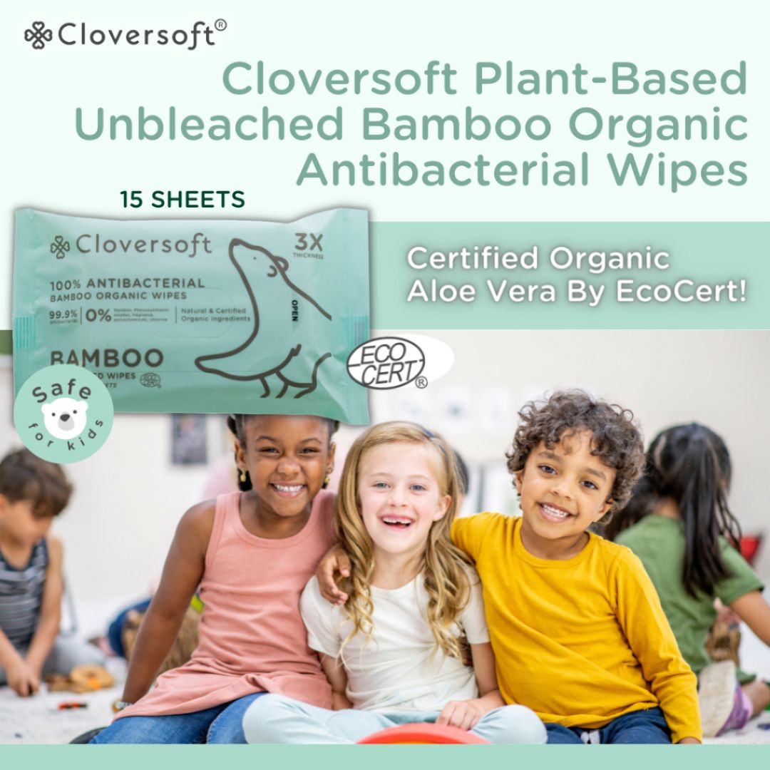 CLOVERSOFT Plant-Based Unbleached Bamboo 99.9% Antibacterial Organic Wet Wipes 15 Sheets