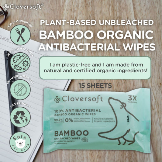 CLOVERSOFT Plant-Based Unbleached Bamboo 99.9% Antibacterial Organic Wet Wipes 15 Sheets