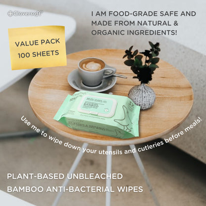CLOVERSOFT Plant-Based Unbleached Bamboo 99.9% Antibacterial Organic Wet Wipes 100 Sheets