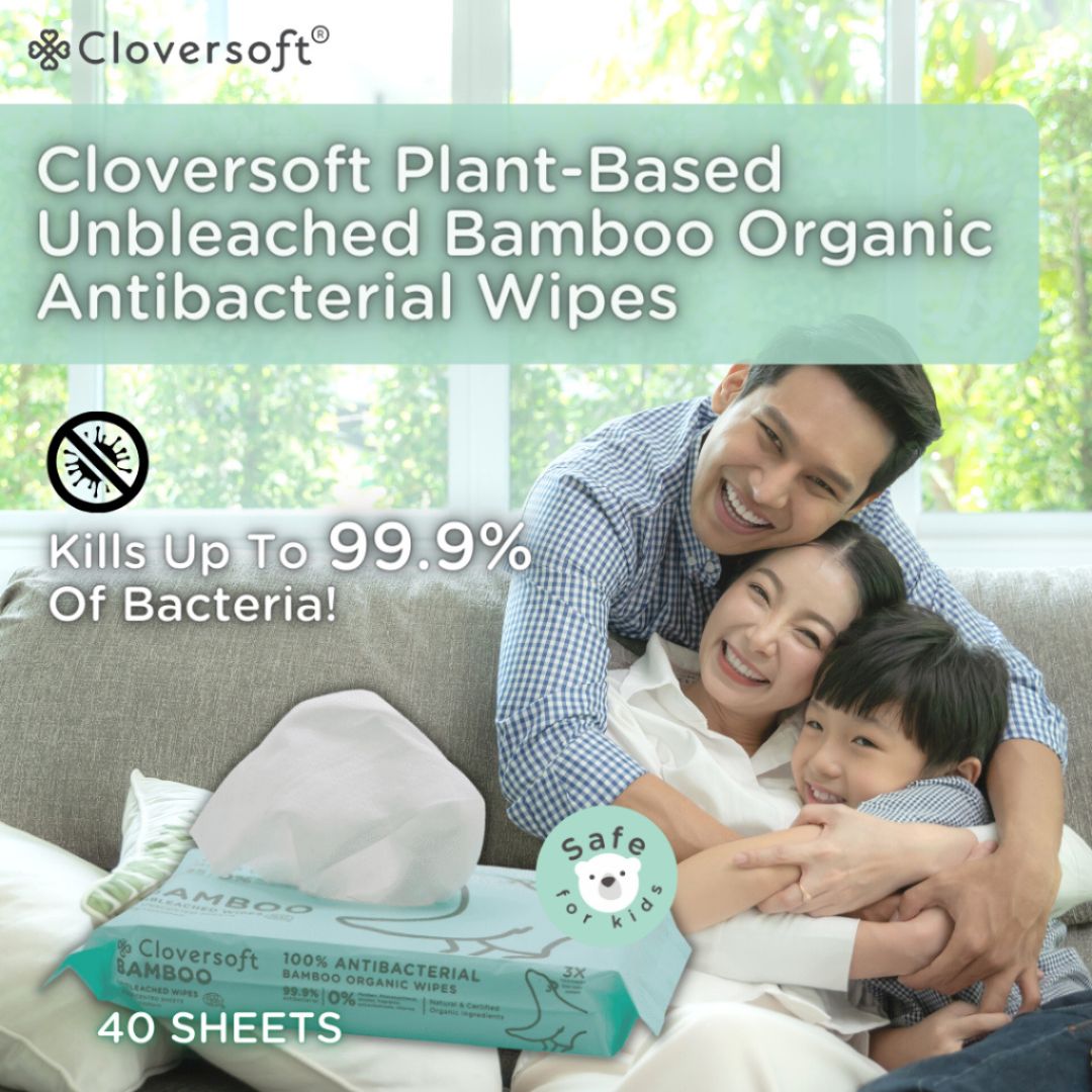 CLOVERSOFT Plant-Based Unbleached Bamboo 99.9% Antibacterial Organic Wet Wipes 40 Sheets