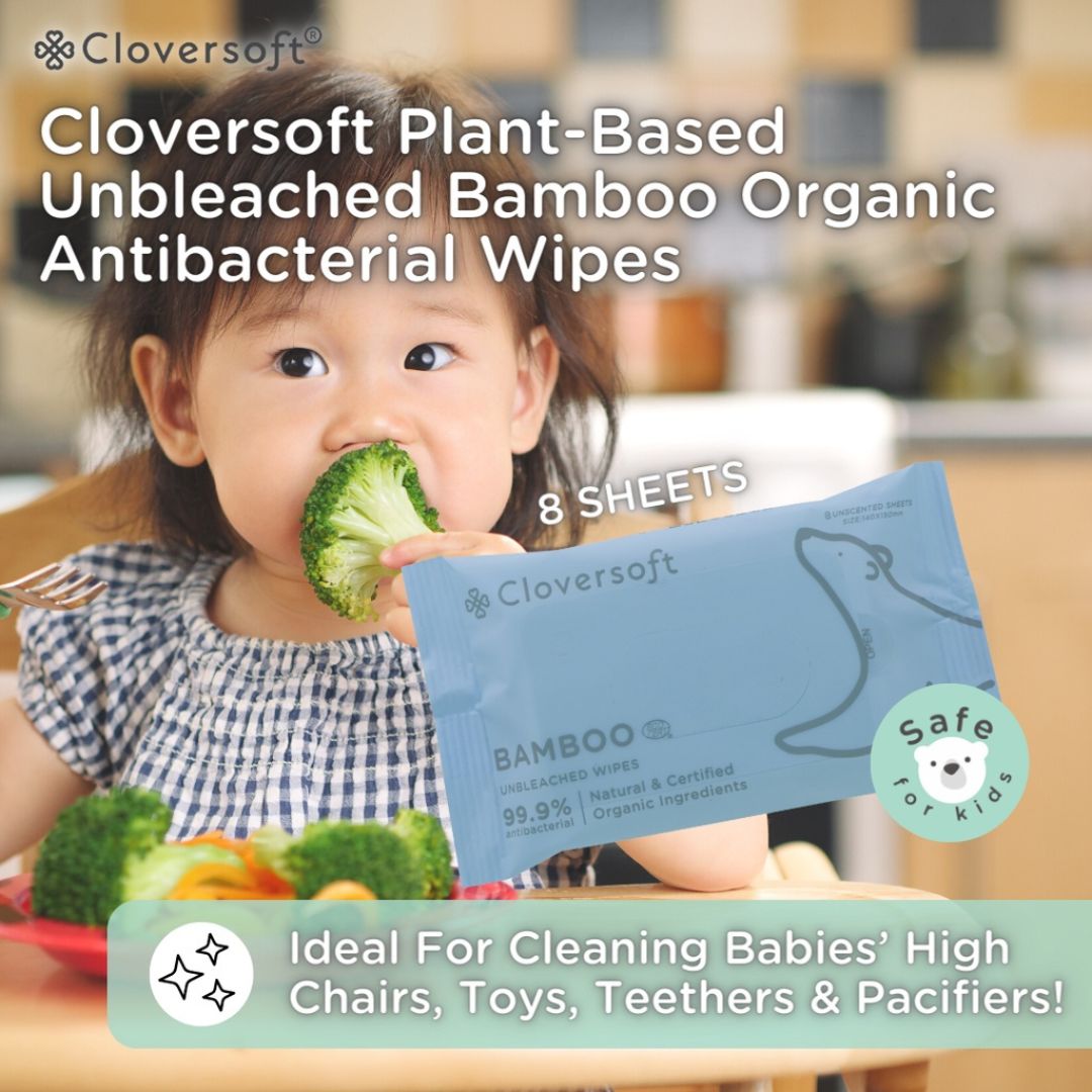 CLOVERSOFT Plant-Based Unbleached Bamboo 99.9% Antibacterial Organic Wet Wipes 8 Sheets