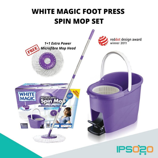 White Magic Foot Press Spin Mop Set (with 2 microfiber mop heads and mop handle) / Footpress Mop / Made in Taiwan / Red Dot Design Award / 1 Year Bucket Warranty / IPSo2o
