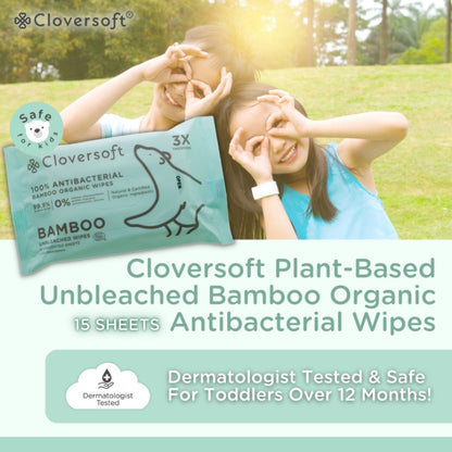 CLOVERSOFT Plant-Based Unbleached Bamboo 99.9% Antibacterial Organic Wet Wipes 15 Sheets