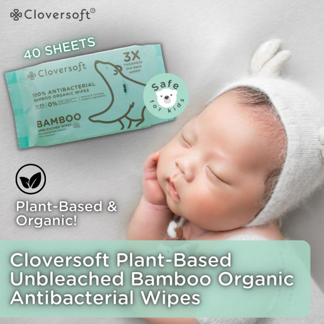 CLOVERSOFT Plant-Based Unbleached Bamboo 99.9% Antibacterial Organic Wet Wipes 40 Sheets