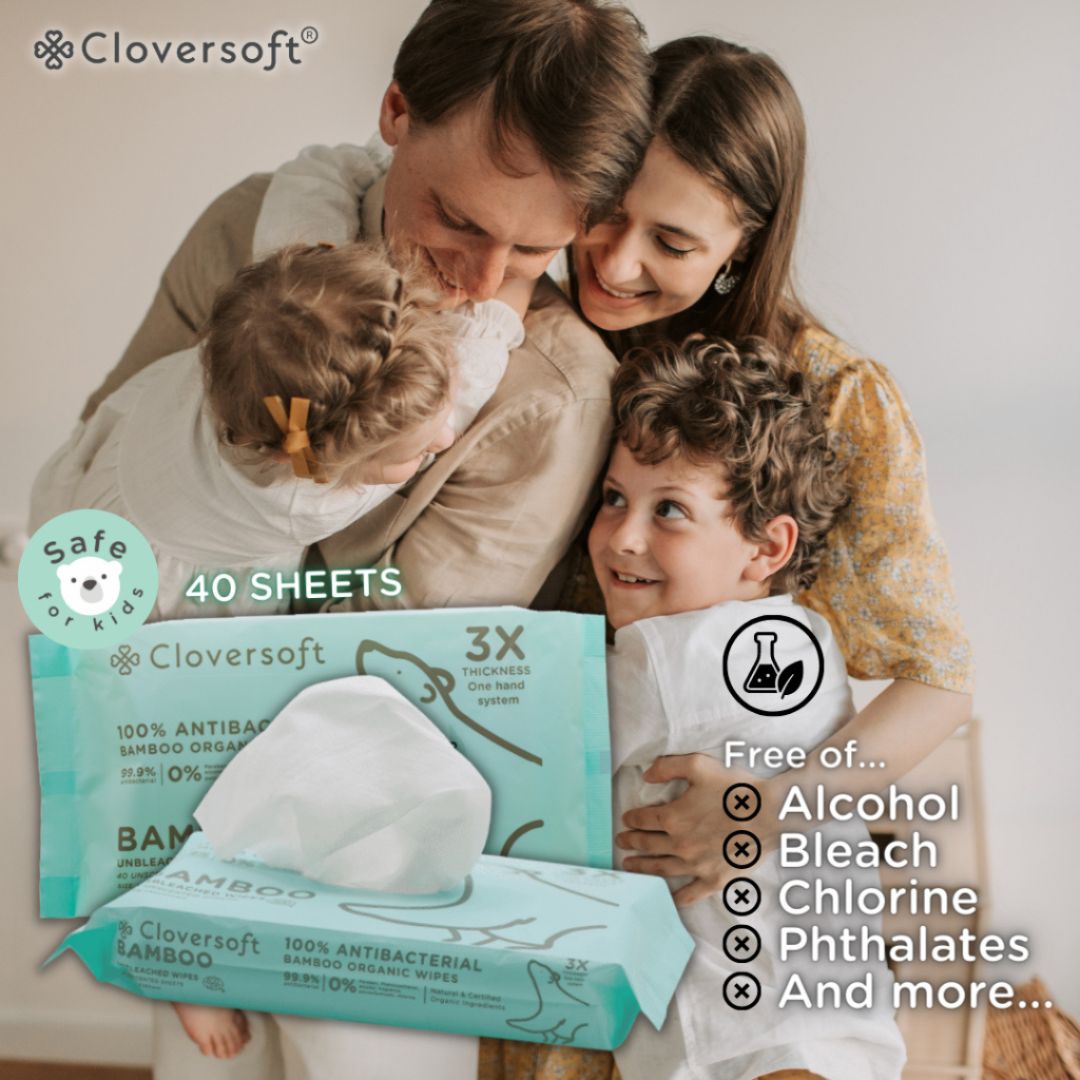 CLOVERSOFT Plant-Based Unbleached Bamboo 99.9% Antibacterial Organic Wet Wipes 40 Sheets