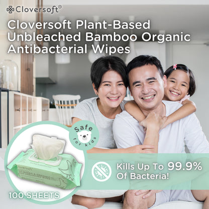 CLOVERSOFT Plant-Based Unbleached Bamboo 99.9% Antibacterial Organic Wet Wipes 100 Sheets