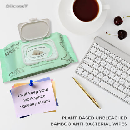 CLOVERSOFT Plant-Based Unbleached Bamboo 99.9% Antibacterial Organic Wet Wipes 100 Sheets