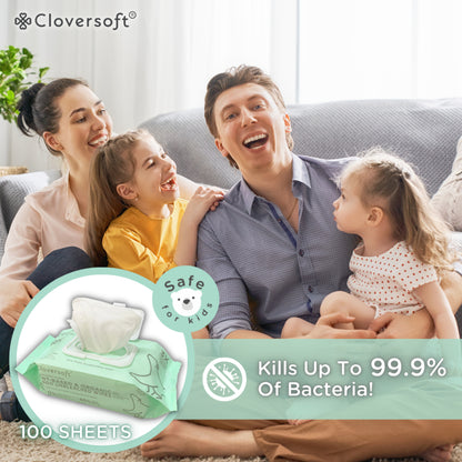 CLOVERSOFT Plant-Based Unbleached Bamboo 99.9% Antibacterial Organic Wet Wipes 100 Sheets