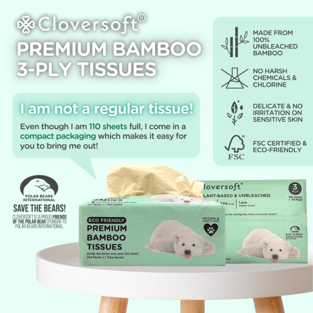 CLOVERSOFT Compact Unbleached Bamboo Premium Facial Tissues 3 Ply 100 Sheets + FREE 10 Sheets