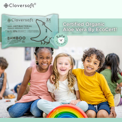 CLOVERSOFT Plant-Based Unbleached Bamboo 99.9% Antibacterial Organic Wet Wipes 15 Sheets