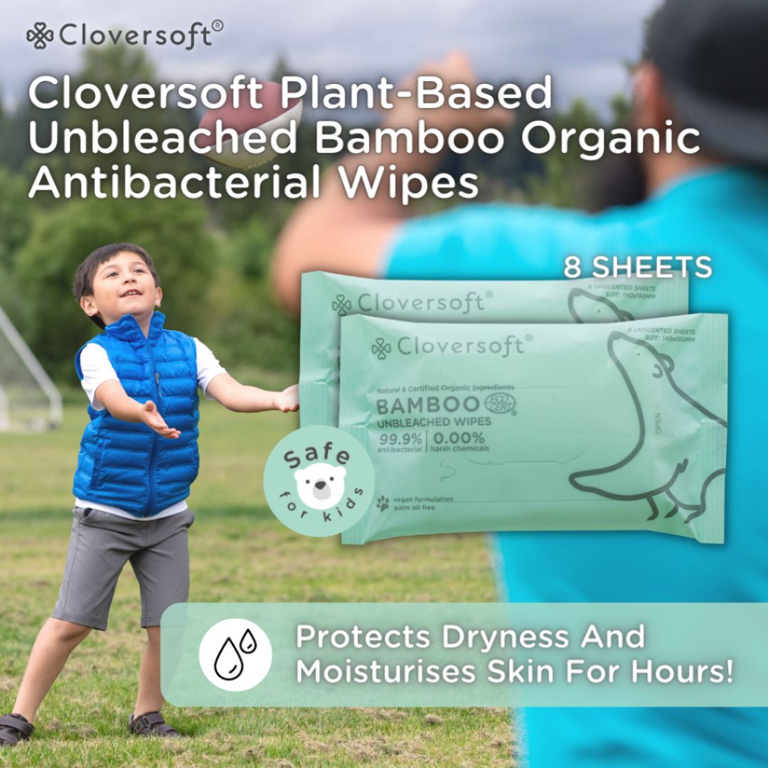 CLOVERSOFT Plant-Based Unbleached Bamboo 99.9% Antibacterial Organic Wet Wipes 8 Sheets