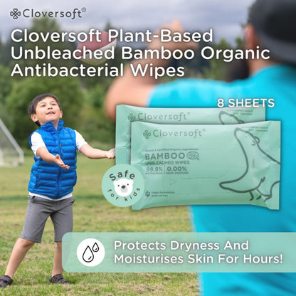 CLOVERSOFT Plant-Based Unbleached Bamboo 99.9% Antibacterial Organic Wet Wipes 8 Sheets