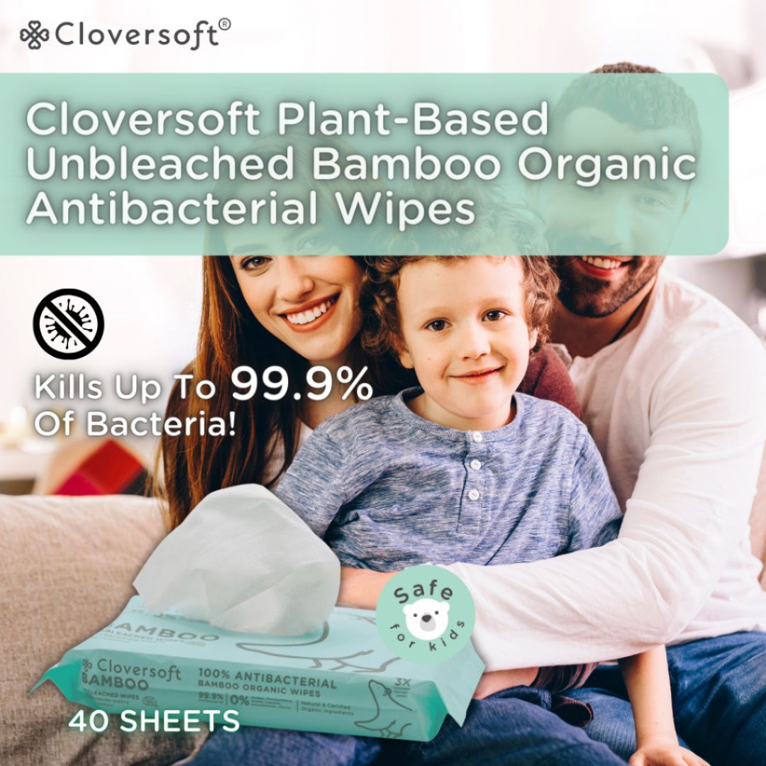 CLOVERSOFT Plant-Based Unbleached Bamboo 99.9% Antibacterial Organic Wet Wipes 40 Sheets