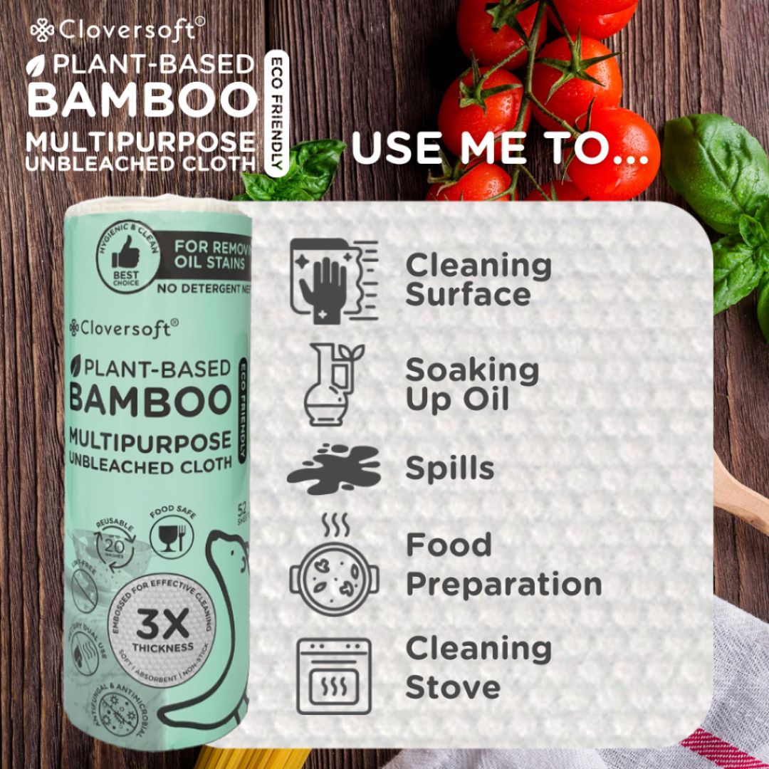 CLOVERSOFT Unbleached Bamboo Multi-Purpose Kitchen Towels 52 Sheets