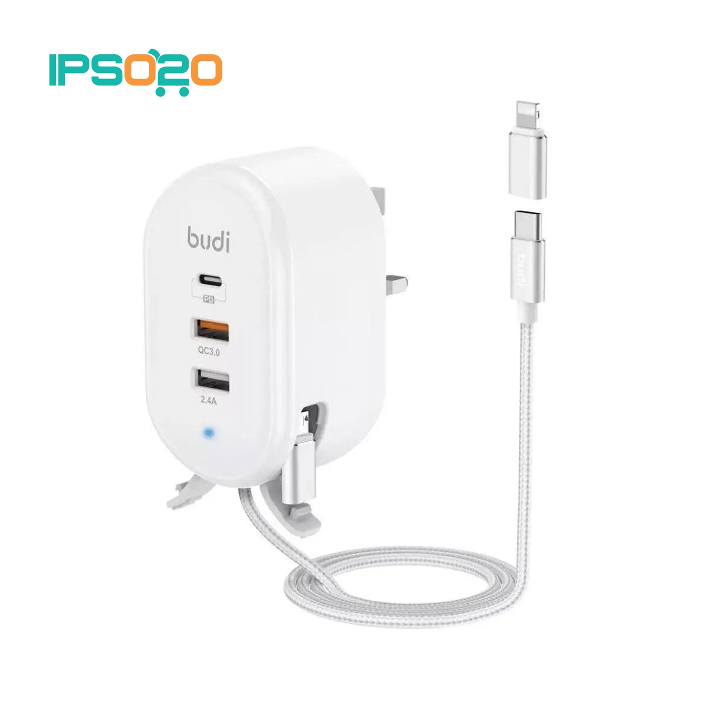 BUDI Home Charger with USB-C Cable Lightning & Micro Adapter