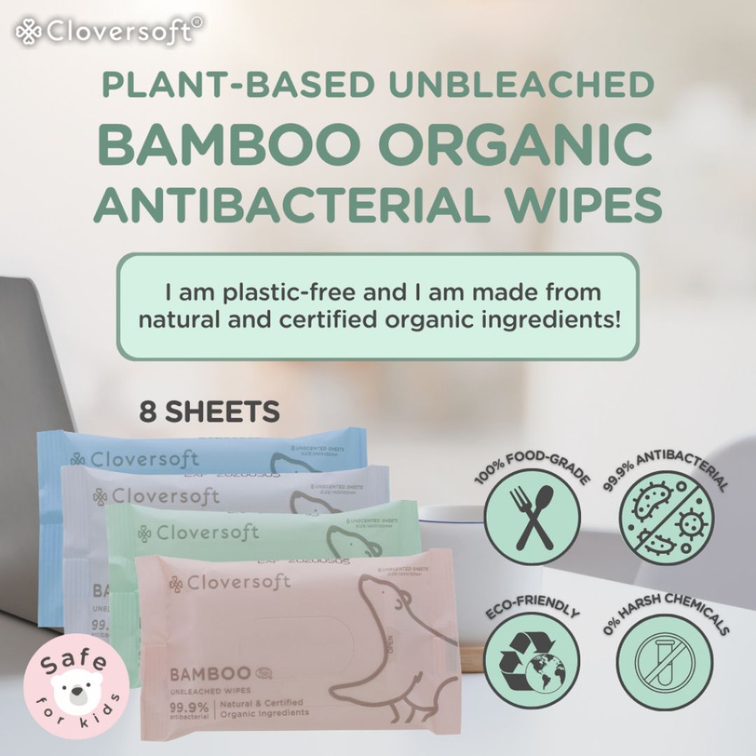 CLOVERSOFT Plant-Based Unbleached Bamboo 99.9% Antibacterial Organic Wet Wipes 8 Sheets