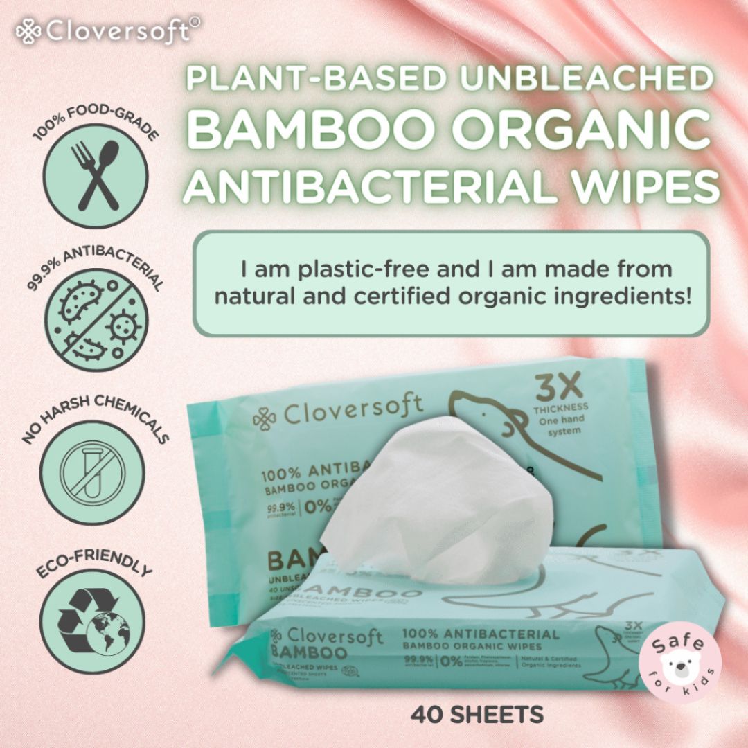 CLOVERSOFT Plant-Based Unbleached Bamboo 99.9% Antibacterial Organic Wet Wipes 40 Sheets