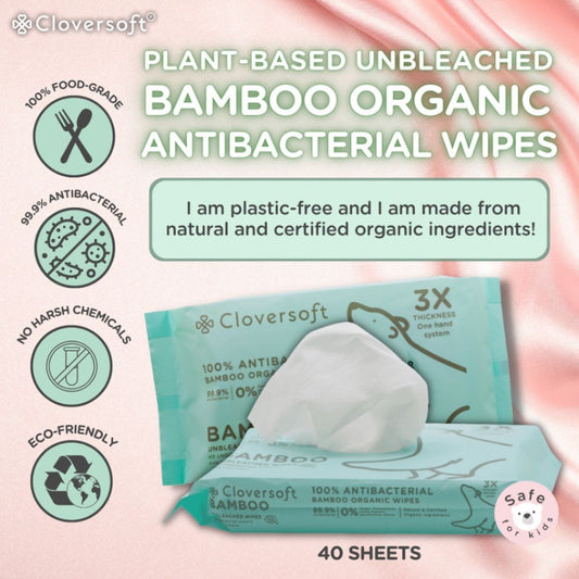 CLOVERSOFT Plant-Based Unbleached Bamboo 99.9% Antibacterial Organic Wet Wipes 40 Sheets